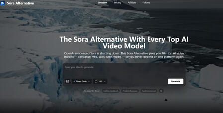Generate AI videos with Kling, Veo, Seedance, and Grok Video — all from one online platform, no Sora needed.